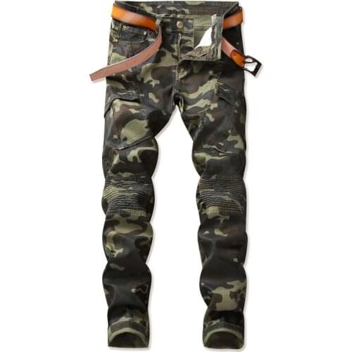 ABOORUN 2021 Mens Camouflage Biker Jeans Skinny Patchwork Motorcycle Cargo Denim Pants