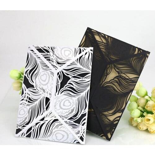 50pcs/pack Laser Cut Peacock Feather Birthday Paty Wedding Invitation Cards Adult Ceremony Invitaiton Card Blessing Card