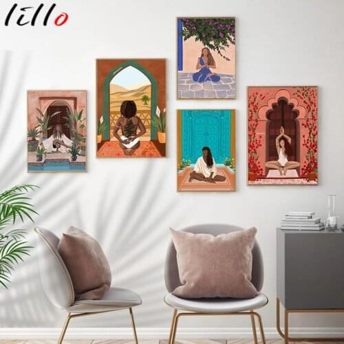 Abstract fashion girl yoga leopard Nordic vintage poster prints canvas painting decoration pictures for living room