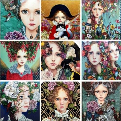 Huacan Diamond Mosaic Embroidery Cross Stitch Woman Girl Diamond Painting Flower Portrait Rhinestone Pictures Home Decor