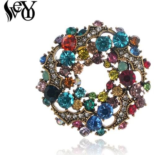 VEYO Classic Round Rhinestone Brooches Pins Vintage Brooches for Women Fashion Jewelry Gift