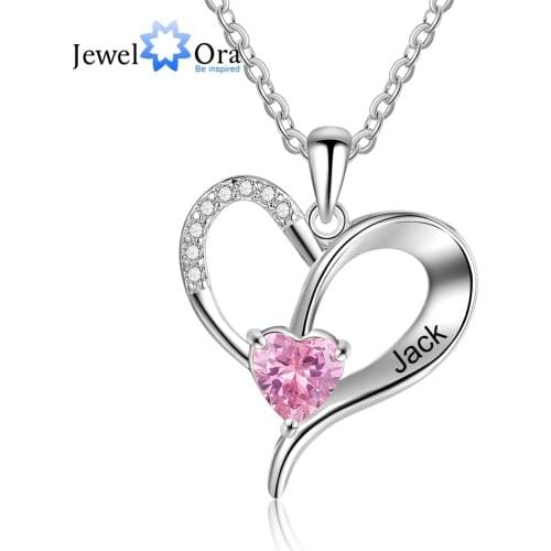 JewelOra Personalized Heart Necklaces for ladies Silver Color Customized Birthstone Engraving Name Charm Pendant Gifts for Women