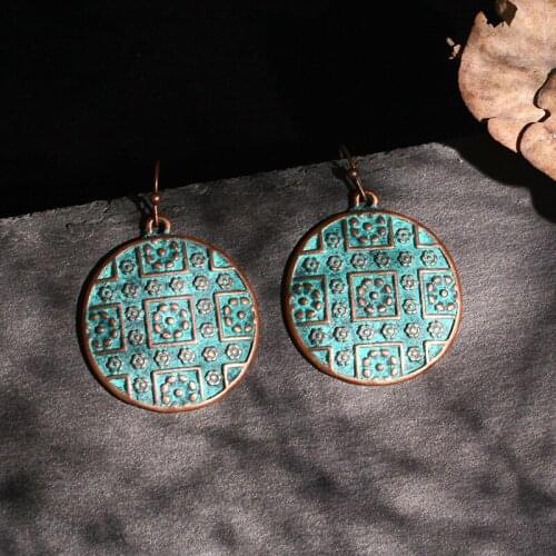 Boho Round Big Drop Earrings Brass Bronze Flower Fashion Earrings for Women 2019 Ethnic Dangle Hang Earrings Jewelry Accessories