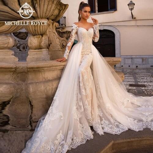 Michelle Royce 2 In 1 Wedding Dresses 2021 Sweetheart Long Sleeve Appliques Lace Detachable Train Bridal Gowns Vestido De Novia