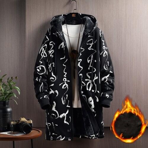 Men Loose Windbreaker Thickened with Velvet Hooded Jacket Trend Printed Overcoat Casual Long Coat