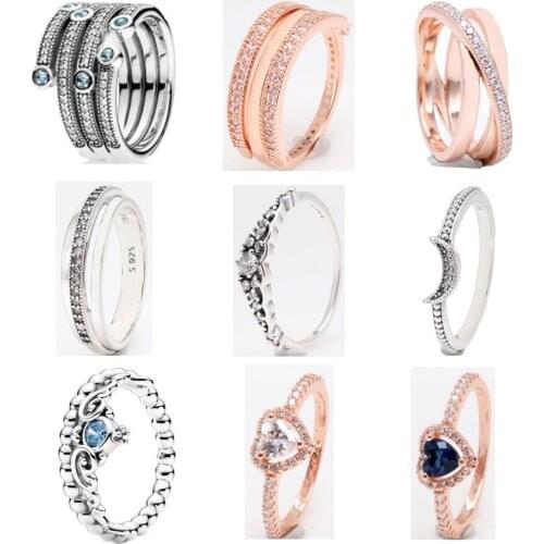 Original 925 Sterling Silver Rose Gold Pan Ring Reversible Heart And Crystal Ring Women Wedding Party Gift Fashion Jewelry