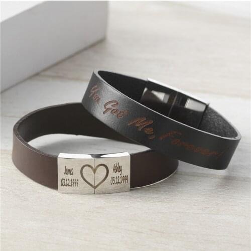 Personalized Name Bracelets for Men Stainless Steel Genuine Leather Double Lettering Custom Charm Bracelet for Couple