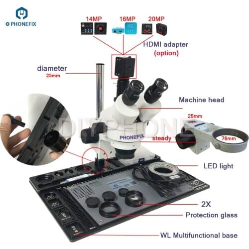 PHONEFIX 3.5-90X Continuous Zoom Trinocular Stereo Microscope 14 16 21MP HDMI Camera 144 LED Light For Mobile Phone Repair Tools