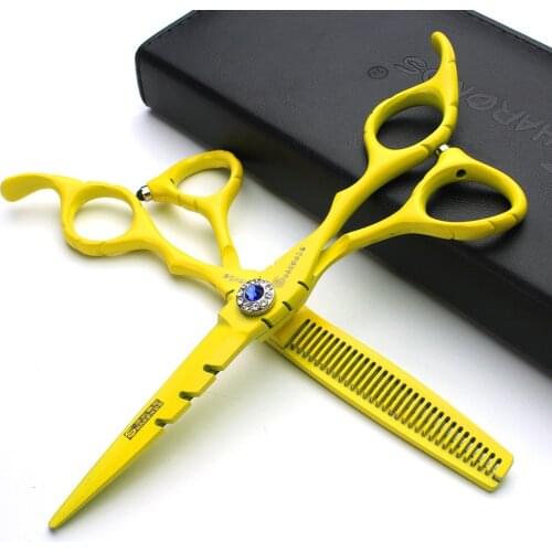 Scissors professional hairdressing sharp 440c salon hair trimming with thinning hair 6 inches yellow non-slip wear-resistant