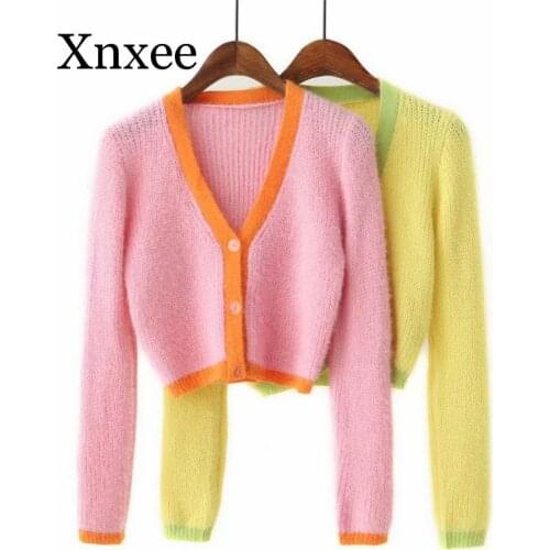 Pink cardigan women sweaters korean crop sweaters autumn tops long sleeve v neck short cropped cardigan mohair sweater fall