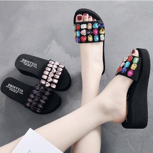 2018 Cool Slippers Heavy Bottom Slope Shoes Colorful Rhinestone Girls Slippers Open Toe Princess Shoes Parent Child Shoes 33-42