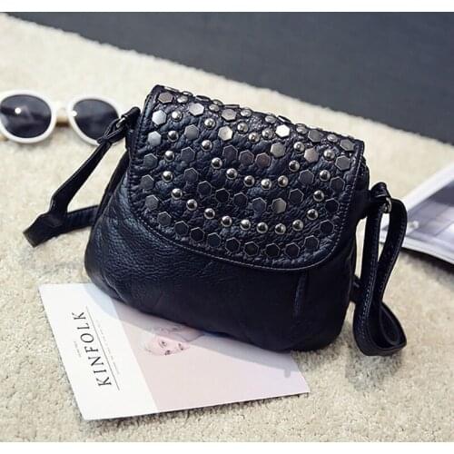 Soft Washing PU Leather Shoulder Bags for Women Black Color Rivet Handbag Crossbody Purse Female Flap Messenger Bags Pack