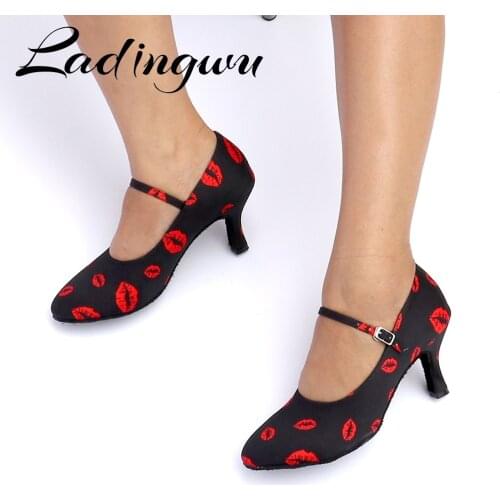 Ladingwu Sneakers Latin Dance Shoes Women Teacher Shoes Black Heel 5-8cm Female Red lip Satin Customizable heel Ballroom Dance