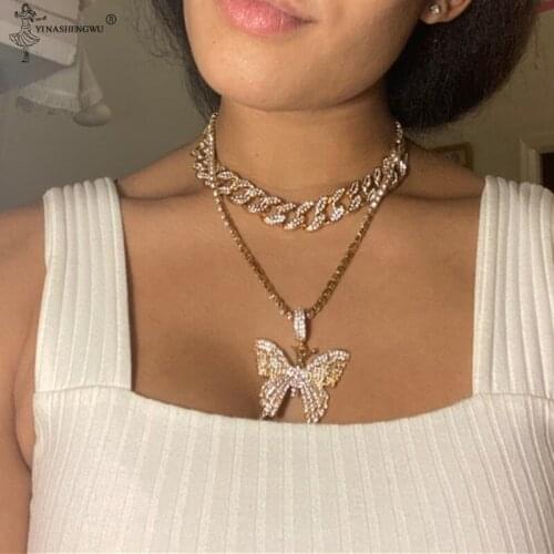 Ice Out Butterfly Pendant Necklace Set Cuban Chain Tennis Chain Necklace Women Mens Necklace Bling Hip Hop Singer Jewelry Party