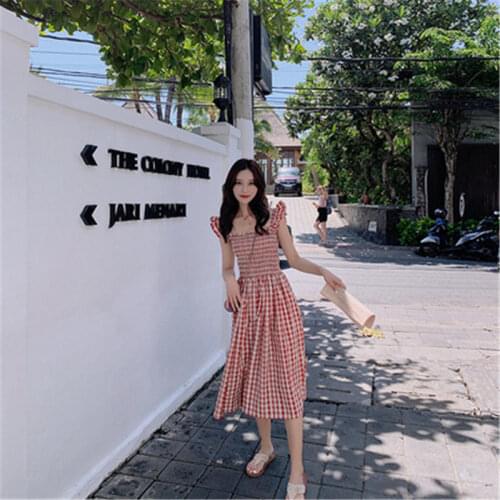 Dresses for Women Summer 2021 Female Beach Dress Female Dress Red Plaid Vest Camisole Dress Vestido De Mujer Femme Robe