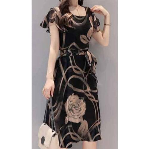 Women Dress Floral Printed A-line Slim Fit U Neck Dress for Summer FS99