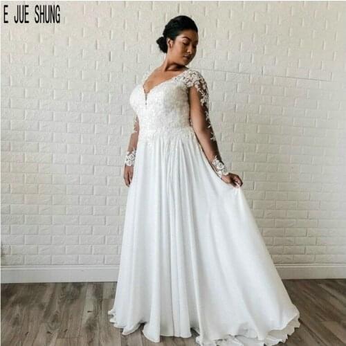 E JUE SHUNG Fashion Boho White Wedding Dresses Long Sleeves V Neck Appliques Chiffon Wedding Gowns Plus Size robe de mariee