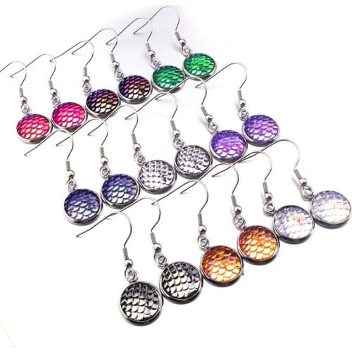 12mm Stainless Steel Mermaid Fish Scale Faux Druzy Drusy Dangle Earrings Resin Bright Earrings