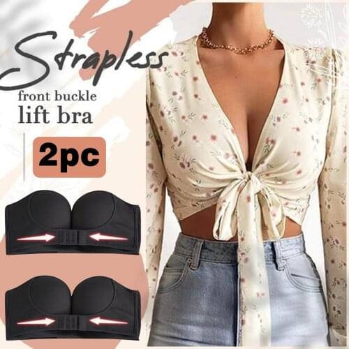 2PCS Black Womens Bras Low Cut Strapless Non-Slip Adjustment Rimless Dress Bra