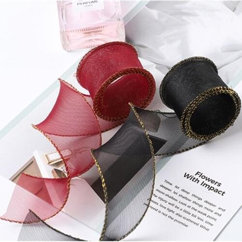 4cm 12 Yard Each Roll Sheer Chiffon Ribbon Gold Edge Organza Satin Ribbon for Wedding Gift Bouquets Wrapping