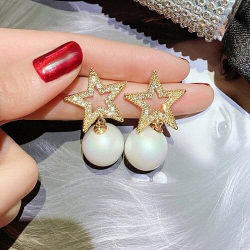 Five-pointed star imitation pearl crystal pendant gold long earrings female charm party jewelry clothing accessories