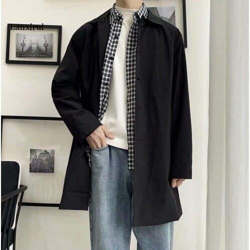 Mens Slim Fit Mid-length Pure Color Lapel Trench Coat Menswear