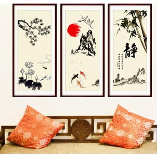 Chinese Elements Lotus Tree Branches Fish Pool Sun Bamboo Mountain Wall Sticker Home Decor Fake Frame Wallpaper Poster Art Decal