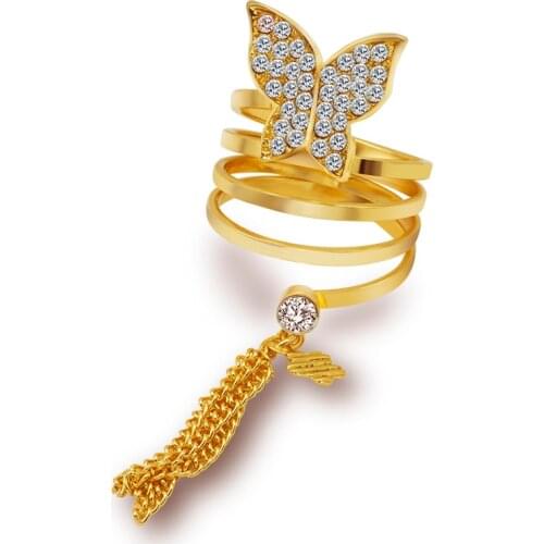 Trendy Long Chain Gold Tassels Big Butterfly Ring Party Hollow Punk Three Finger Rings Fashion Jewelry