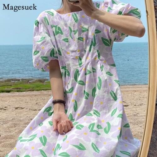 Korean Style Casual Floral Dress Summer 2021 Vintage Puff Short Sleeve Plus Size Dress Women Elegant Long Dresses Vestido 14899