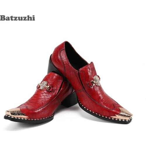 Batzuzhi Leather Shoes 6.5cm High Heel Men Formal Business Dress Shoes Vintage Metal Pointed Toe Red Wedding and Party Shoes Men