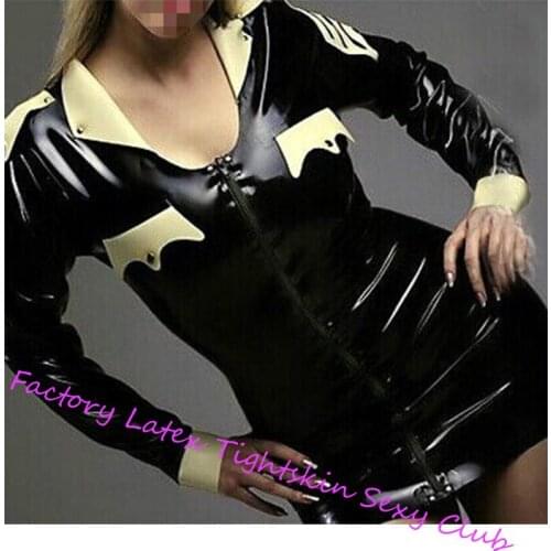 Handmade Latex Dress Rubber Mini Skirt Black with White Trim Back Zipper Club Party Wear Halloween Costumes for Women