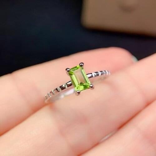Fashion delicate square Slub Natural green peridot gem Ring S925 Silver Natural olivine Ring Womens girl office Rings Jewelry