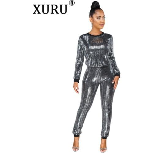 XURU Autumn New Womens Sequins Jumpsuit Two-piece European and American Sexy Nightclub Long-sleeved Jumpsuit Suit