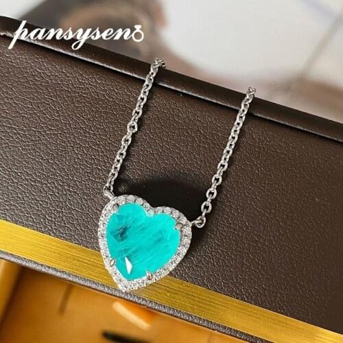 PANSYSEN New 100% 925 Sterling Silver Heart Paraiba Tourmaline Gemstone Pendant Neckalces for Women Party Fine Jewelry Wholesale