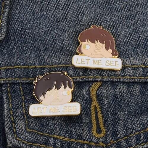 'LET ME SEE' Couple Boy and Girl Enamel Pins Cute Peeking Gesture Bag Brooch Lapel Badge Cartoon Jewelry Gift Kids Wholesale