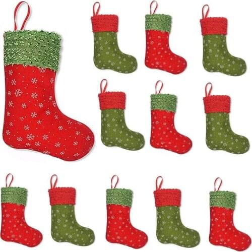 Mini Christmas Stockings with Snowflake, 9 Inch Party Decorations/Gift Bags, Red & Green, 12PCS