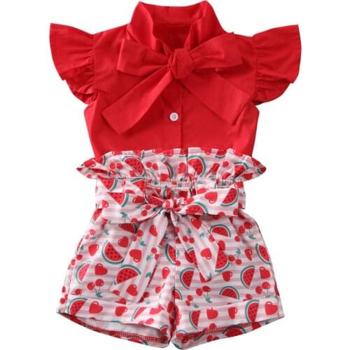 1-6Y Summer Newly Infant Kids Girls Clothes Sets Casual Ruffle Shirt Tops Watermelons Printed Shorts Lovely Outfits