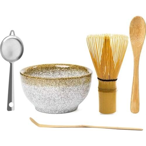 Most Popular Matcha Tea Kit Organic Bamboo Whisk 100 Prongs Chasen Scoop Kline Glazed Chawan Bowl and Reshaper Holder Filter
