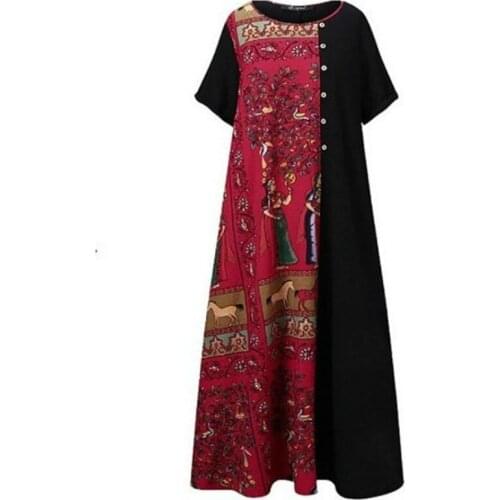 Women Bohemian Sundress Printed Patchwork Dresses Short Sleeve Cotton Beach Party Robe Dress African Dresses for Women