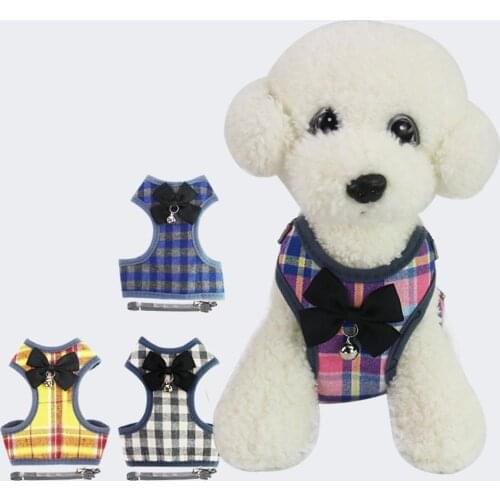 Cat Dog Adjustable Polyester Mesh Harness Colorful Bell Plaid Dog Walking Vest Leash for Outdoor Walking Running Harnesses