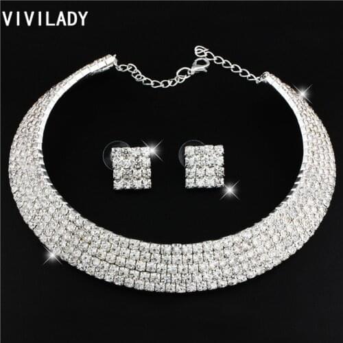 VIVILADY Fashion Crystal Statement Chokers Jewelry Sets Women Silver Color Rhinestone Layers Bijoux Accessory Lady Wedding Gift