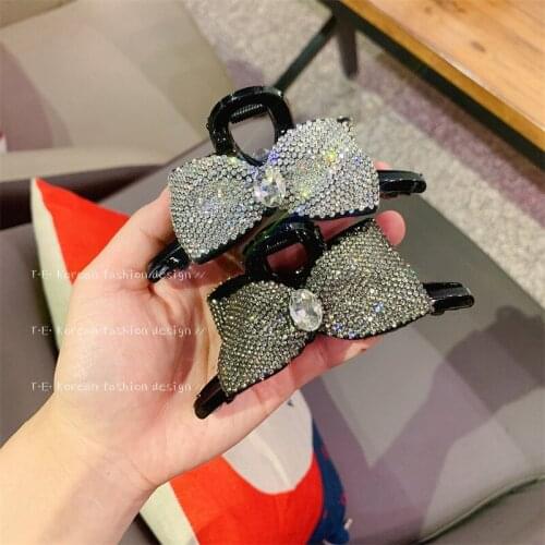 South Koreas Dongdaemun catch clip bright diamond bow knot double-sided hair catch net celebrity ins girl sweet shark hairpin