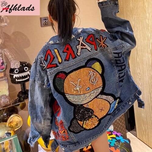 Womens Denim Jacket Outerwear Diamond Letters Printed Female 2020 Spring And Autumn New Fashion Long Sleeved Denim Coats