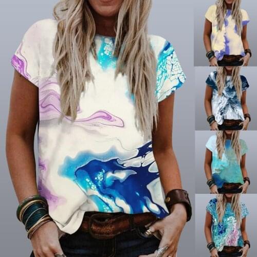Summer Casual Short Sleeve womens clothing 2021 Watercolor Pattern Print lady Streetwear Loose O Neck Tops Harajuku Tee shirts