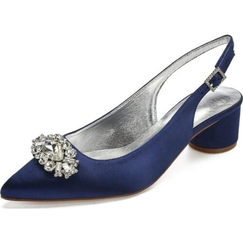 Pointed toe crystal brooch satin lady evening dress shoes slingback thick block heels bridal wedding party ball prom pumps