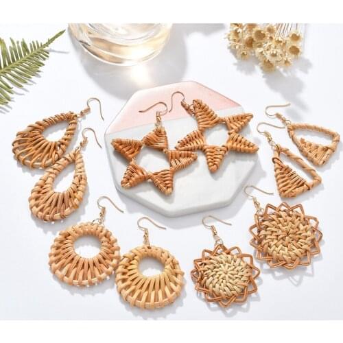 MESTILO Handmade Geometric Rattan Grass Weave Geometric Earrings For Women Round Star Triangle Oval Dangle Earring Party Gifts