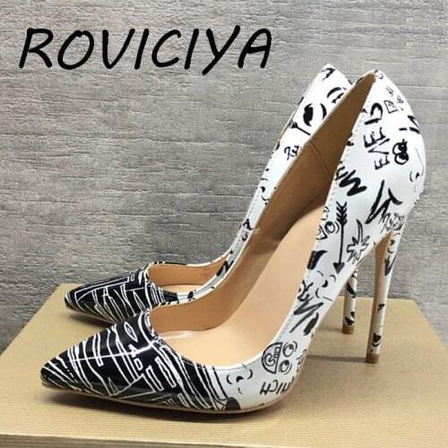 Brand fashion pointed toe 12cm high-heeled exquisite black white graffiti elegant single shoes ladies party shoes QP014 ROVICIYA