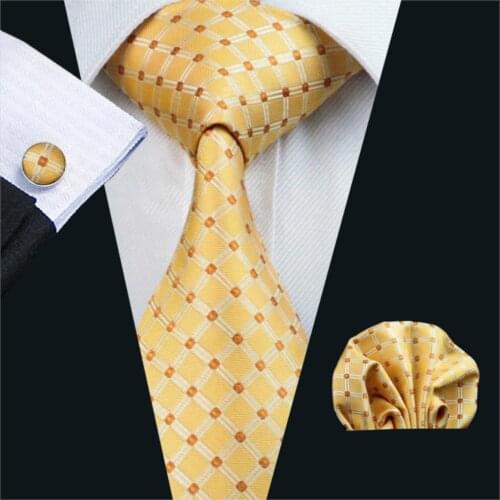 FA-437 Gents Necktie Yellow Plaid 100% Silk Jacquard Tie Hanky Cufflinks Set Business Wedding Party Ties For Men Free Shipping
