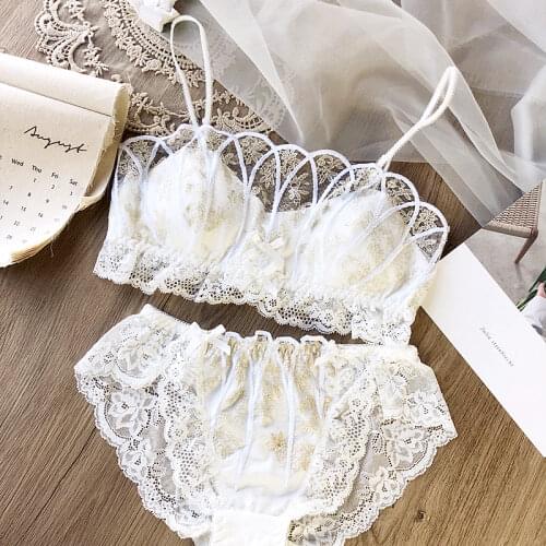 Retro French Lolita Girl Mermaid Push Up Bra Suit Fairy Princess Lace Embroidery Wireless Bra and Panties Set Lingerie Underwear