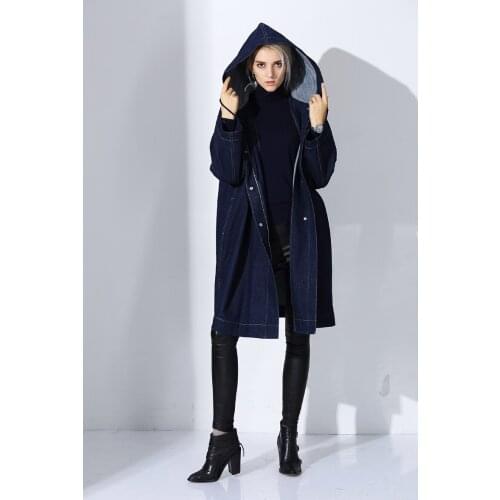 100%cotton womens fashion zipper hooded trench coat loose straight mid-long jeans blue color S/M/L